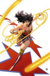 1girl bare_shoulders black_hair blue_eyes boots bracer dc_comics highres holding_lasso lasso lasso_of_truth looking_at_viewer sampere_art solo star_(symbol) tiara wonder_woman wonder_woman_(series)
