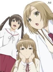 2000s_(style) 3girls :o ahoge blazer blonde_hair breasts brown_cardigan brown_eyes brown_hair brown_jacket cardigan collared_shirt expressionless from_below hands_on_own_cheeks hands_on_own_face highres huge_ahoge jacket jitome light_brown_hair long_hair looking_at_viewer looking_down minami-ke minami_chiaki minami_haruka minami_kana multiple_girls necktie official_art open_mouth pleated_skirt red_necktie red_skirt ribbon school_uniform serafuku shirt siblings simple_background sisters skirt smug surprised white_background white_ribbon white_serafuku