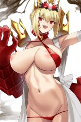 1girl ahoge areola_slip armpits bikini blonde_hair braid breasts claws cleavage clothes_lift collarbone covered_erect_nipples criss-cross_halter crown dragon_claw dragon_tail elbow_gloves facial_mark fate/grand_order fate/grand_order_arcade fate_(series) gachou gloves groin hair_bun hair_intakes hair_ribbon halterneck highres huge_breasts large_breasts long_hair looking_at_viewer navel nero_claudius_(fate) nipples open_clothes open_mouth pussy pussy_peek queen_draco_(fate) red_bikini red_eyes red_ribbon ribbon robe smile solo stomach swimsuit tail thighs underboob white_gloves white_robe