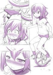 1girl ^^^ alternate_costume blush buruma crotch_rub ebifly female_focus female_masturbation flying_sweatdrops gym_uniform hair_between_eyes hair_ornament hairclip heavy_breathing ikazuchi_(kancolle) kantai_collection masturbation monochrome motion_lines name_tag outdoors purple_theme riding shoes short_hair short_sleeves socks solo surprised sweatdrop unicycle wavy_mouth wide-eyed