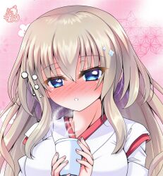 Rule 34 | 1girl, 9-nine-, absurdres, alternate costume, blue eyes, blush, breasts, brown hair, commentary request, cup, drunk, eyelashes, eyes visible through hair, fingernails, hair between eyes, hands up, highres, holding, holding cup, japanese clothes, kimono, kujou miyako, large breasts, long hair, looking at viewer, miko, nose blush, parted lips, pink background, signature, simple background, solo, sparkle hair ornament, squeans, steam, tamamo (1 tamamo), upper body, white kimono