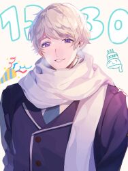 Rule 34 | 1boy, axis powers hetalia, birthday, birthday cake, blue necktie, buttons, cake, candle, confetti, dated, food, grey hair, highres, jacket, lapels, long sleeves, looking at viewer, male focus, mixed-language commentary, necktie, purple eyes, purple jacket, russia (hetalia), scarf, shirt, short hair, simple background, smile, solo, teeth, upper body, white background, white scarf, white shirt, wto 1955514