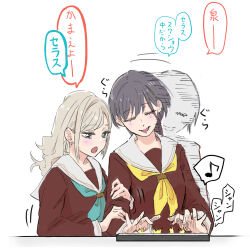 2girls :o absurdres afterimage aqua_neckerchief blue_eyes blush brown_dress ceras_yanagida_lilienfeld closed_eyes colored_speech_bubble commentary_request dress edel_note eighth_note grabbing_another&#039;s_arm grey_hair hair_ornament hair_ribbon hasu_no_sora_school_uniform highres katsuragi_izumi link!_like!_love_live! long_hair long_sleeves love_live! motion_lines multiple_girls musical_note neckerchief nyuma open_mouth playing_games ribbon sailor_collar sailor_dress school_uniform sound_effects speech_bubble spoken_musical_note tablet_pc translation_request triangle_hair_ornament upper_body video_game virtual_youtuber white_sailor_collar winter_uniform wolf_cut yellow_neckerchief