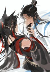 Rule 34 | 2boys, absurdres, alternate costume, animal ears, bare shoulders, bishounen, black gloves, black hair, black hanfu, blurry, bracelet, chinese clothes, chinese commentary, covering another&#039;s mouth, depth of field, detached sleeves, dragon boy, ear piercing, eastern dragon horns, eye contact, fingerless gloves, fox boy, fox ears, gloves, hair ornament, hair ribbon, hand on another&#039;s face, hanfu, headband, highres, holding another&#039;s wrist, jewelry, kemonomimi mode, lan wangji, long hair, long sleeves, looking at another, male focus, modao zushi, multiple boys, piercing, ponytail, red ribbon, ribbon, ring, robe, shenzhang10011, sidelocks, simple background, sleeves past wrists, tassel, tassel hair ornament, topknot, upper body, wei wuxian, white background, white hanfu, white headband, wide sleeves, xiao guan (headdress), yaoi, yellow eyes