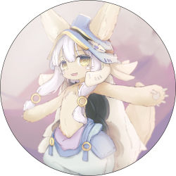 1other :3 absurdres blue_headwear blue_pants brown_background brown_fur commentary_request ears_through_headwear furry grey_hair gumi_(guminghc) hair_between_eyes helmet highres horizontal_pupils looking_at_viewer made_in_abyss nanachi_(made_in_abyss) open_mouth other_focus outstretched_arms pants puffy_pants round_image short_hair_with_long_locks sideways_glance solo spread_arms tail topless_other whiskers yellow_eyes