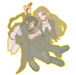 Rule 34 | 1boy, 1girl, arthropod boy, arthropod limbs, bandage over one eye, black choker, black coat, black pants, black shoes, black vest, blood, blue eyes, blue jacket, brown eyes, brown hair, choker, coat, dog lead, full body, g corp. (identity) (project moon), gregor (project moon), highres, insect wings, jacket, limbus company, looking at viewer, low ponytail, ntcke, pants, parted bangs, ponytail, project moon, rodion (project moon), shoes, simple background, sitting, vest, white background, wings