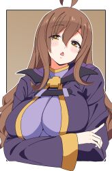 Rule 34 | 1girl, absurdres, ahoge, arms under breasts, blush stickers, breasts, brown background, brown eyes, brown hair, commentary, eyes visible through hair, hair between eyes, highres, kono subarashii sekai ni shukufuku wo!, large breasts, long hair, long sleeves, noyama takenoko, open mouth, outline, robe, simple background, solo, triangle mouth, upper body, white outline, wide sleeves, wiz (konosuba)