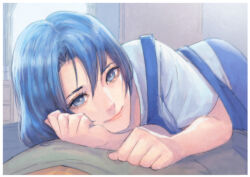 1boy 1girl absurdres bedroom blue_eyes blue_hair cirenk female_focus girl_on_top hair_between_eyes hetero highres indoors kiss lips long_hair looking_at_viewer matching_hair/eyes original solo solo_focus window