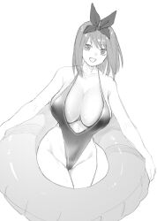 Rule 34 | 1girl, alternate breast size, arm at side, bow, breasts, cleavage, collarbone, go-toubun no hanayome, greyscale, groin, hair bow, hashtag-only commentary, highleg, highleg one-piece swimsuit, highres, holding, holding swim ring, huge breasts, innertube, kosmos beta, looking at viewer, medium hair, monochrome, nakano yotsuba, one-piece swimsuit, open mouth, simple background, sketch, smile, solo, standing, swim ring, swimsuit, thighs, white background