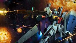 absurdres aiming battle beam_rifle char&#039;s_counterattack company_name copyright_notice debris earth_federation_space_forces energy energy_beam energy_gun explosion green_eyes gundam gundam_battle_operation_2 gundam_msv highres holding holding_weapon machinery mecha mecha_focus mobile_suit no_humans painting_(medium) re-gz re-gz_custom realistic robot scan science_fiction shield solo space sunrise_(company) tenjin_hidetaka thrusters traditional_media v-fin weapon