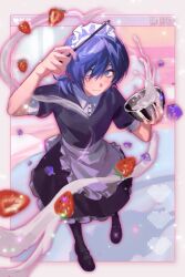 1boy apron black_dress black_shoes blue_eyes blue_hair blush bowl closed_mouth crossdressing dress food fruit heart highres holding holding_bowl maid_headdress male_focus persona persona_3 persona_3:_dancing_moon_night persona_dancing shoes solo songbingchu sparkle strawberry trap waist_apron whipped_cream white_apron window_(computing) yuuki_makoto_(persona_3)