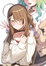 Rule 34 | 2girls, absurdres, ahoge, black choker, black skirt, blush, braid, brown hair, cardigan, ceres fauna, ceres fauna (jirai kei), chair, choker, collarbone, commentary, english commentary, expressionless, feather hair ornament, feathers, flower, glasses, gradient hair, green cardigan, green hair, hair between eyes, hair ornament, hair over one eye, hairdressing, highres, hololive, hololive english, huge ahoge, jewelry, long hair, long sleeves, multicolored hair, multiple girls, nanashi mumei, nanashi mumei (casual), necklace, official alternate costume, on chair, one side up, open cardigan, open clothes, resu desu, round eyewear, shirt, single braid, sitting, skirt, smile, streaked hair, sweater, virtual youtuber, white hair, white shirt, white sweater, yellow eyes