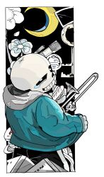 Rule 34 | 1boy, back, black sclera, blue jacket, colored sclera, flower, grin, highres, hood, hoodie, instrument, jacket, male focus, moon, sans (undertale), skeleton, smile, solo, tama (tamafuku08), tears, teeth, trombone, undertale, white background, white eyes