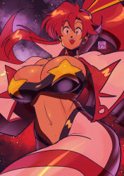 1girl artist_name breasts cleavage collarbone galaxy gloves hardkoba highres huge_breasts long_hair midriff navel red_hair smile solo space space_yoko stomach tengen_toppa_gurren_lagann thick_thighs thighs very_long_hair yellow_eyes yoko_littner