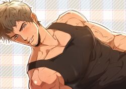 1boy ardbert_hylfyst bare_shoulders black_tank_top blue_eyes brown_hair collarbone commentary doong_24 dutch_angle facial_hair final_fantasy final_fantasy_xiv goatee highres looking_at_viewer male_focus multiple_scars parted_lips pectoral_cleavage pectorals plaid_background scar scar_on_arm short_hair smile solo symbol-only_commentary tank_top teeth veins veiny_arms
