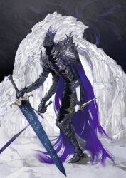 Rule 34 | 1boy, armor, cape, elden ring, elden ring nightreign, extra arms, full armor, full body, gauntlets, great rune (elden ring), greatsword, helmet, heolstor the nightlord, highres, hunched over, in-universe location, looking up, nira (nira box), outdoors, purple cape, shoulder armor, solo, spiked helmet, standing, sword, triple wielding, weapon