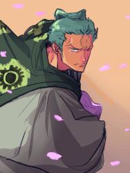 Rule 34 | 1boy, chonmage, closed mouth, green hair, green kimono, highres, japanese clothes, kimono, looking at viewer, male focus, mgmgmgdo, one piece, orange background, petals, pink petals, roronoa zoro, scar, scar across eye, scar on face, sideburns, simple background, solo, topknot, v-shaped eyebrows, white kimono