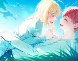 Rule 34 | 1boy, 1girl, ahoge, artoria pendragon (fate), avalon (fate), baboteolsegongsa, blonde hair, blush, couple, cuddling, dress, emiya shirou, fate/stay night, fate (series), happy, red hair, saber (fate), smile