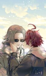 Rule 34 | 2boys, ahoge, aotsuki eito, artist name, closed eyes, cloud, copyright name, drawstring, grey hair, grey jacket, hand on another&#039;s face, hand up, hood, hooded jacket, jacket, male focus, multiple boys, outdoors, parted lips, red hair, short hair, sky, smile, sumino takumi, sunglasses, the hundred line -last defense academy-, twitter username, uehara hachi, upper body, white jacket, yaoi