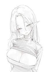 1girl breasts cleavage cleavage_cutout clothing_cutout elf highres laneigu large_breasts long_hair looking_at_viewer meme_attire monochrome narrowed_eyes open-chest_sweater open_mouth original pointy_ears ribbed_sweater sketch solo sweater turtleneck turtleneck_sweater