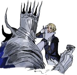 Rule 34 | 1boy, 1girl, armor, ascot, blindfold, blonde hair, blood, brother and sister, chocytd, duchess (elden ring), elden ring, elden ring nightreign, eye mask, gloves, helmet, highres, holding, long hair, siblings, simple background, spoilers, weapon, white ascot, white gloves