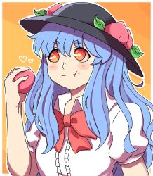 1girl black_hat blue_hair bow dress dress_shirt female_focus food fruit hanaarts hat highres hinanawi_tenshi leaf long_hair neck_ribbon peach red_bow red_eyes ribbon shirt simple_background solo touhou upper_body white_shirt