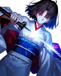 1girl black_hair fate/grand_order fate_(series) highres holding holding_sword holding_weapon japanese_clothes kara_no_kyoukai katana kimono light_frown long_hair long_sleeves mystic_eyes_of_death_perception pixelmaster00 ryougi_shiki short_hair simple_background solo sword weapon white_background white_kimono