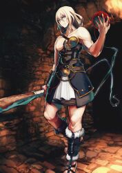 1boy ancient_greek_clothes arm_at_side armor bare_shoulders blonde_hair brown_background chain closed_mouth clothing_request club_(weapon) expressionless fate/grand_order fate_(series) foot_out_of_frame game_cg glowing greco-roman_clothes hair_between_eyes hand_up holding holding_club holding_weapon holding_yarn leg_up long_hair_between_eyes looking_at_viewer magic male_focus medium_hair official_art pectorals sandals shimadoriru single_bare_arm single_bracer solo standing standing_on_one_leg theseus_(fate) third-party_source thread toes toned toned_male underground v-shaped_eyebrows variant_set weapon yarn yarn_ball
