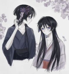 1boy alternate_hair_length alternate_hairstyle arm_at_side arms_at_sides black_kimono black_sleeves blunt_ends closed_mouth colored_inner_hair cropped_torso eyelashes eyeliner eyeshadow fan_hair_ornament flower genshin_impact hair_between_eyes hair_flower hair_ornament hair_over_shoulder hand_up highres japanese_clothes kimono long_hair long_sleeves looking_at_viewer looking_to_the_side makeup multicolored_hair multiple_views pale_skin purple_eyes purple_flower purple_kimono red_eyeliner red_eyeshadow scaramouche_(genshin_impact) scaramouche_(kabukimono)_(genshin_impact) short_sleeves wide_sleeves wispy_bangs yoruli_e