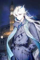 ! 1boy absurdres alternate_costume blue_coat blue_eyes blue_hair blue_necktie blue_scarf clock clock_tower closed_mouth coat genshin_impact hair_between_eyes hands_in_pockets highres long_hair male_focus necktie neuvillette_(genshin_impact) night outdoors pointy_ears scarf sky solo spoken_exclamation_mark star_(sky) tiny_(0v0) tower very_long_hair white_hair