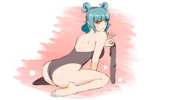 1girl ass barefoot blue_hair feet highres leotard light_blush long_hair looking_at_viewer mutsu_platina socks soles steam toes unworn_socks yellow_eyes