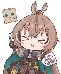 &gt;_&lt; 1girl 1other :d ahoge belt blush brown_capelet brown_cloak brown_corset brown_hair capelet chibi cloak closed_eyes corset crossed_bangs dagger drawing_(object) feather_hair_ornament feathers friend_(nanashi_mumei) gloves hair_ornament highres holding holding_pencil hololive hololive_english knife lantern lazurite long_hair multicolored_hair nanashi_mumei nanashi_mumei_(1st_costume) open_mouth partially_fingerless_gloves pencil ponytail pouch ribbon shirt smile streaked_hair very_long_hair virtual_youtuber weapon white_shirt