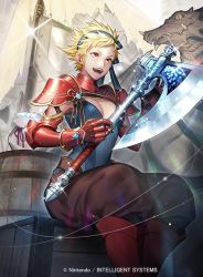 1girl armor axe bag barrel blonde_hair breasts cleavage diamond_(gemstone) dragon fire_emblem fire_emblem_cipher fire_emblem_fates holding holding_axe medium_breasts nintendo official_art open_mouth p-nekor red_armor red_eyes scarlet_(fire_emblem) short_hair spiked_hair unworn_armor wyvern