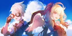 2girls alternate_costume angel_wings bare_shoulders black_gloves blonde_hair breasts character_name choker closed_mouth cloud demon_wings dress earrings fingerless_gloves gloves goggles hair_between_eyes hair_ribbon heart heart_hands highres jewelry lips lipstick makeup medium_breasts mercy_(overwatch) multiple_girls nose official_alternate_costume open_mouth overwatch overwatch_1 pink_dress pink_mercy pink_ribbon ribbon road_233 short_hair smile tracer_(overwatch) twintails ultraviolet_tracer upper_body white_hair wings