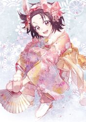 1girl animal_ears black_hair brown_eyes fake_animal_ears full_body fur_collar hair_ornament highres ice_skates japanese_clothes kanzashi kimono looking_at_viewer medalist_(manga) mittens open_mouth rabbit_ears short_hair sitting skates smile solo squatting yuitsuka_inori zz_medal