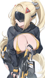 1girl absurdres bikini black_blindfold black_gloves black_pants black_shrug blindfold bodysuit breasts cleavage closed_mouth facing_away fingerless_gloves gloves gun highres holding holding_gun holding_weapon huge_breasts korean_commentary leaning_forward long_hair pang-yo pants ponytail puffy_sleeves shrug_(clothing) simple_background skindentation solo standing swimsuit torn_clothes torn_pants trigger_(zenless_zone_zero) very_long_hair weapon white_background yellow_bikini zenless_zone_zero