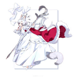 Rule 34 | 1girl, absurdres, animal ears, bow, cape, dress, flat chest, full body, fur-trimmed cape, fur trim, highres, holding, incredibly absurdres, juliet sleeves, long sleeves, looking at viewer, open mouth, original, puffy sleeves, purple eyes, red cape, shisantian, shoes, simple background, solo, tail, watermark, weibo watermark, white background, white bow, white dress, white fur, white hair, white shoes