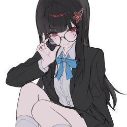 1girl black_hair black_skirt black_vest blue_bow blue_bowtie bow bowtie glasses hair_ornament hairclip highres honkai:_star_rail honkai_(series) long_hair looking_at_viewer neon_(pixiv_31150749) official_alternate_costume purple_eyes red_nails round_eyewear shirt simple_background skirt solo sparkle_(honkai:_star_rail) sparkle_(school_uniform)_(honkai:_star_rail) thighs very_long_hair vest white_background white_shirt