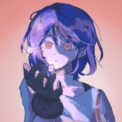 1bcmf1 1boy blue_hair gem gloves gradient_background gundam gundam_gquuuuuux looking_at_object male_focus orange_background red_eyes shirt short_hair shuji_ito simple_background solo upper_body white_shirt