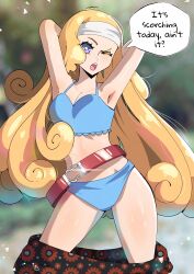 1girl :o absurdres alternate_costume armpits belt bikini blue_bikini blue_eyes breasts commentary english_commentary english_text gjh hairband highres junah_(metaphor:_refantazio) long_hair looking_at_viewer metaphor:_refantazio one_eye_closed outdoors red_belt small_breasts solo speech_bubble swimsuit very_long_hair white_hairband