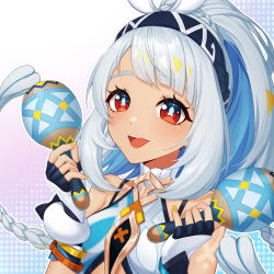 1girl anlessya black_gloves black_hairband blue_hair body_markings bracelet braid bright_pupils colored_inner_hair eyelashes fingerless_gloves fish-shaped_pupils genshin_impact gloves grey_hair hairband highres holding holding_instrument holding_maracas instrument jewelry long_hair maracas mualani_(genshin_impact) multicolored_hair open_mouth red_eyes signature smile solo tan twin_braids upper_body white_pupils yellow_nails