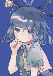 Rule 34 | 1girl, arm at side, blue background, blue dress, blue eyes, blue hair, blush, commentary request, dress, drill hair, drill sidelocks, expressionless, eyebrows hidden by hair, eyes visible through hair, fingernails, frills, from side, hair between eyes, hair ornament, hair rings, hair stick, hand on own chin, hand up, hiyuu (hiyualice), kaku seiga, looking at viewer, looking to the side, medium hair, puffy short sleeves, puffy sleeves, short sleeves, sidelocks, simple background, solo, touhou, upper body, vest, white vest, wing collar