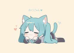 1girl animal_ears black_skirt black_sleeves black_thighhighs blue_hair blush cat_day cat_ears cat_girl cat_tail chibi chibi_only closed_eyes closed_mouth commentary detached_sleeves full_body grey_shirt hatsune_miku heart highres kemonomimi_mode long_hair lying meroharome on_stomach pleated_skirt shirt simple_background skirt sleeveless sleeveless_shirt smile solo tail thighhighs translated twintails vocaloid
