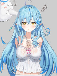 absurdres ahoge alcohol arms_behind_back bare_shoulders blue_hair blush bottle breasts camisole glass grey_background heart heart_ahoge highres hololive large_breasts long_hair pointy_ears sake sake_bottle see-through_camisole see-through_clothes simple_background spaghetti_strap upper_body very_long_hair virtual_youtuber wet wet_clothes white_camisole winvita yellow_eyes yukihana_lamy yukimin_(yukihana_lamy)
