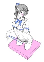 Rule 34 | 1girl, absurdres, blue ribbon, breasts, cleavage cutout, clothing cutout, cosplay, covered navel, creator connection, dress, dungeon ni deai wo motomeru no wa machigatteiru darou ka, gloves, hair ornament, hair ribbon, hestia (danmachi), highres, long hair, pink eyes, ribbon, solo, v lila f, white dress, white gloves, yasuda suzuhito, yozakura quartet