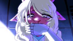 1girl 1other alien_stage animal_ears blonde_hair commentary covered_mouth covering_another&#039;s_mouth deer_ears deer_girl deltarune derivative_work english_commentary furry furry_female highres long_hair noelle_holiday noelle_holiday_(dark_world) screenshot_redraw solo_focus tamqyq