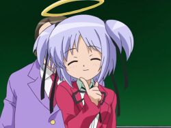 1girl animated ass audible_speech bokusatsu_tenshi_dokuro-chan breasts classroom close-up closed_eyes english_audio female_focus green_eyes hair_ribbon halo hands_on_own_hips index_finger_raised large_breasts legs looking_at_viewer mitsukai_dokuro modeling multiple_views open_mouth purple_hair ribbon school_uniform skirt smile sound tagme talking thighs turnaround twintails video