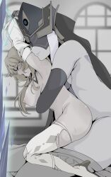 1futa 1girl absurdres arms_up bar_censor blindfold breasts censored defeat futa_with_female futanari genshin_impact hat highres implied_futanari jean_(genshin_impact) large_breasts mirror_maiden_(genshin_impact) monochrome nipples open_mouth rape sex sex_from_behind textless_version thighhighs torn_clothes torn_thighhighs translation_request ttptt vaginal