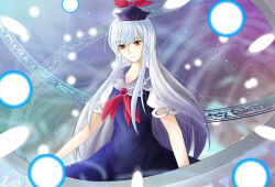 1girl blue_dress blue_hat danmaku dress hat kamishirasawa_keine long_hair orange_eyes short_sleeves solo space touhou very_long_hair white_hair wuze_zeei