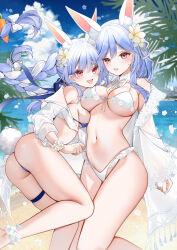 2girls absurdres animal_ear_fluff animal_ears bare_shoulders bikini blue_hair blush braid breasts carrot_hair_ornament cleavage food-themed_hair_ornament hair_ornament highres hololive large_breasts long_hair looking_at_viewer mature_female multicolored_hair multiple_girls navel open_mouth orange_eyes pekomama rabbit_ears rabbit_girl short_eyebrows smile swimsuit thighs twin_braids two-tone_hair usada_pekora virtual_youtuber white_bikini white_hair yukineko1018